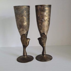 Vintage Heavy Plated Silver Egyptian Revival Bird Toasting Goblets - set of two